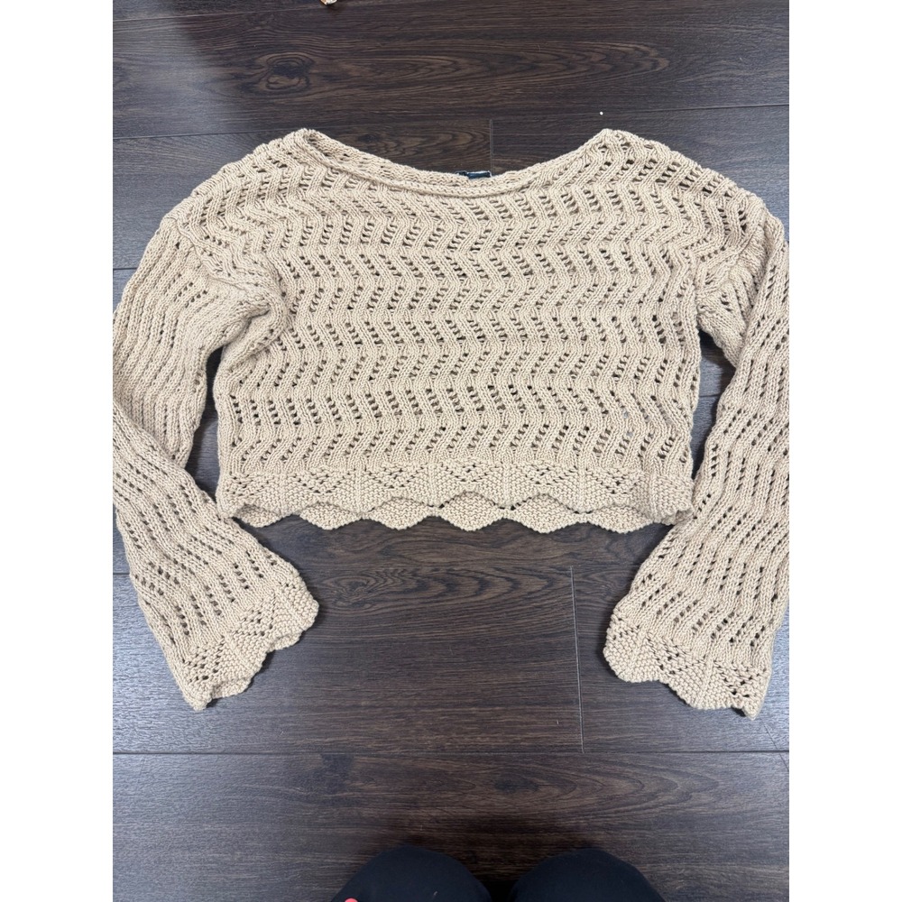 AE Boho Open Knit Cropped Sweater Flared Sleeve Beige XS